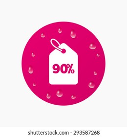 Water drops on button. 90% sale price tag sign icon. Discount symbol. Special offer label. Realistic pure raindrops. Pink circle. Vector