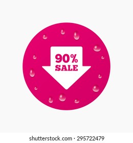 Water drops on button. 90% sale arrow tag sign icon. Discount symbol. Special offer label. Realistic pure raindrops. Pink circle. Vector