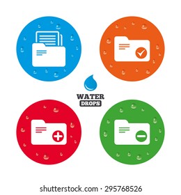 Water drops on button. Accounting binders icons. Add or remove document folder symbol. Bookkeeping management with checkbox. Realistic pure raindrops on circles. Vector