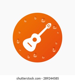 Water drops on button. Acoustic guitar sign icon. Music symbol. Realistic pure raindrops. Orange circle. Vector