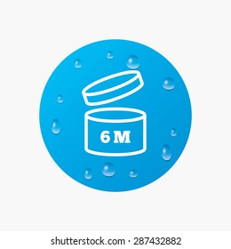Water drops on button. After opening use 6 months sign icon. Expiration date. Realistic pure raindrops. Blue circle. Vector