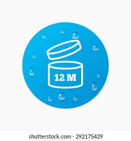 Water drops on button. After opening use 12 months sign icon. Expiration date. Realistic pure raindrops. Blue circle. Vector