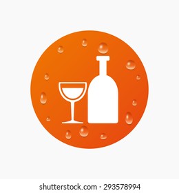 Water drops on button. Alcohol sign icon. Drink symbol. Bottle with glass. Realistic pure raindrops. Orange circle. Vector