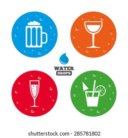 Water drops on button. Alcoholic drinks icons. Champagne sparkling wine with bubbles and beer symbols. Wine glass and cocktail signs. Realistic pure raindrops on circles. Vector