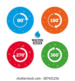 Water drops on button. Angle 45-360 degrees circle icons. Geometry math signs symbols. Full complete rotation arrow. Realistic pure raindrops on circles. Vector