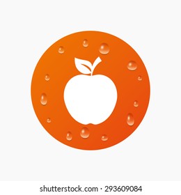 Water drops on button. Apple sign icon. Fruit with leaf symbol. Realistic pure raindrops. Orange circle. Vector