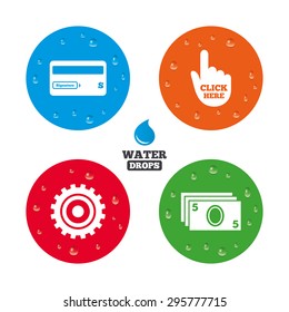 Water drops on button. ATM cash machine withdrawal icons. Insert bank card, click here and check PIN, processing and get cash symbols. Realistic pure raindrops on circles. Vector
