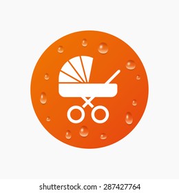 Water drops on button. Baby pram stroller sign icon. Baby buggy. Baby carriage symbol. Realistic pure raindrops. Orange circle. Vector