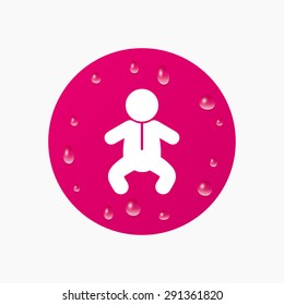 Water drops on button. Baby infant sign icon. Toddler boy in pajamas or crawlers body symbol. Child WC toilet. Realistic pure raindrops. Pink circle. Vector