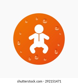 Water drops on button. Baby infant sign icon. Toddler boy in pajamas or crawlers body symbol. Child WC toilet. Realistic pure raindrops. Orange circle. Vector
