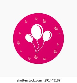 Water drops on button. Balloon sign icon. Birthday air balloon with rope or ribbon symbol. Realistic pure raindrops. Pink circle. Vector