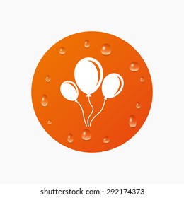 Water drops on button. Balloon sign icon. Birthday air balloon with rope or ribbon symbol. Realistic pure raindrops. Orange circle. Vector