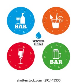 Water drops on button. Bar or Pub icons. Glass of beer and champagne signs. Alcohol drinks and cocktail symbols. Realistic pure raindrops on circles. Vector