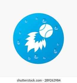 Water drops on button. Baseball fireball sign icon. Sport symbol. Realistic pure raindrops. Blue circle. Vector