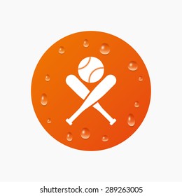 Water drops on button. Baseball bats and ball sign icon. Sport hit equipment symbol. Realistic pure raindrops. Orange circle. Vector