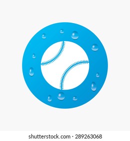 Water drops on button. Baseball ball sign icon. Sport symbol. Realistic pure raindrops. Blue circle. Vector