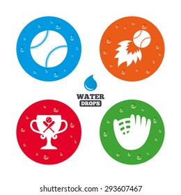 Water drops on button. Baseball sport icons. Ball with glove and two crosswise bats signs. Fireball with award cup symbol. Realistic pure raindrops on circles. Vector