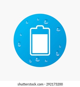 Water drops on button. Battery level sign icon. Electricity symbol. Realistic pure raindrops. Blue circle. Vector