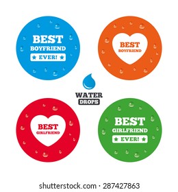 Water drops on button. Best boyfriend and girlfriend icons. Heart love signs. Award symbol. Realistic pure raindrops on circles. Vector