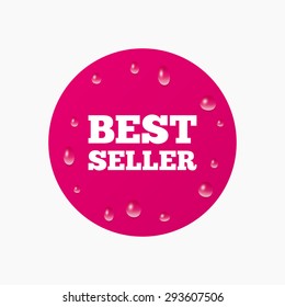 Water drops on button. Best seller sign icon. Best seller award symbol. Realistic pure raindrops. Pink circle. Vector