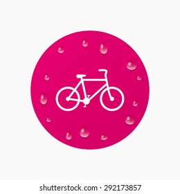 Water drops on button. Bicycle sign icon. Eco delivery. Family vehicle symbol. Realistic pure raindrops. Pink circle. Vector