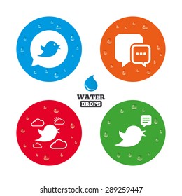 Water drops on button. Birds icons. Social media speech bubble. Chat bubble with three dots symbol. Realistic pure raindrops on circles. Vector