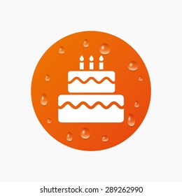 Water drops on button. Birthday cake sign icon. Cake with burning candles symbol. Realistic pure raindrops. Orange circle. Vector