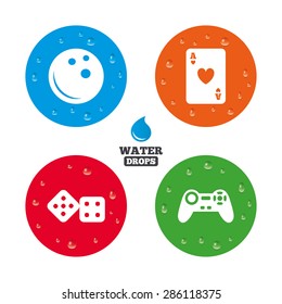 Water drops on button. Bowling and Casino icons. Video game joystick and playing card with dice symbols. Entertainment signs. Realistic pure raindrops on circles. Vector