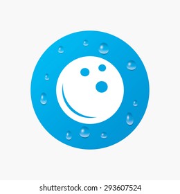 Water drops on button. Bowling ball sign icon. Bowl symbol. Realistic pure raindrops. Blue circle. Vector