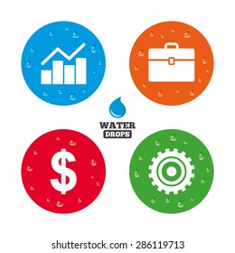 Water drops on button. Business icons. Graph chart and case signs. Dollar currency and gear cogwheel symbols. Realistic pure raindrops on circles. Vector