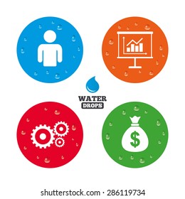 Water drops on button. Business icons. Human silhouette and presentation board with charts signs. Dollar money bag and gear symbols. Realistic pure raindrops on circles. Vector