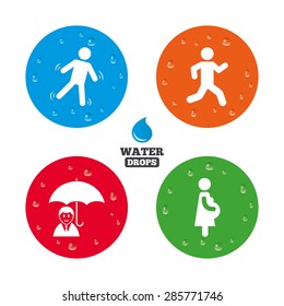 Water drops on button. Businessman with umbrella icon. Human running symbol. Man love Woman or Lovers sign. Women Pregnancy. Life insurance. Realistic pure raindrops on circles. Vector