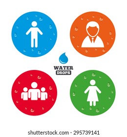 Water drops on button. Businessman person icon. Group of people symbol. Man and Woman signs. Realistic pure raindrops on circles. Vector