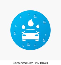 Water drops on button. Car wash icon. Automated teller carwash symbol. Water drops signs. Realistic pure raindrops. Blue circle. Vector