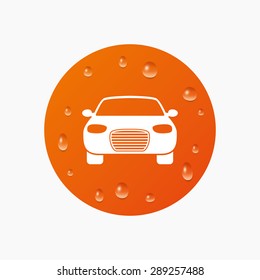 Water drops on button. Car sign icon. Delivery transport symbol. Realistic pure raindrops. Orange circle. Vector
