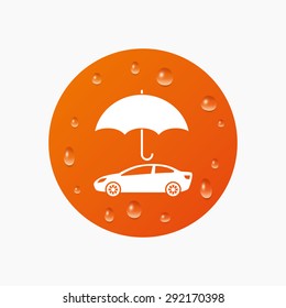 Water drops on button. Car insurance sign icon. Protection symbol. Realistic pure raindrops. Orange circle. Vector