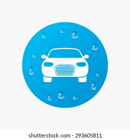 Water drops on button. Car sign icon. Delivery transport symbol. Realistic pure raindrops. Blue circle. Vector