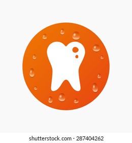 Water drops on button. Caries tooth icon. Tooth filling sign. Dental care symbol. Realistic pure raindrops. Orange circle. Vector