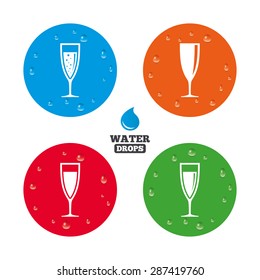 Water drops on button. Champagne wine glasses icons. Alcohol drinks sign symbols. Sparkling wine with bubbles. Realistic pure raindrops on circles. Vector