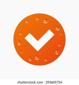 Water drops on button. Check sign icon. Yes button. Realistic pure raindrops. Orange circle. Vector