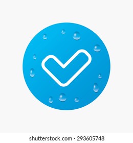 Water drops on button. Check sign icon. Yes button. Realistic pure raindrops. Blue circle. Vector