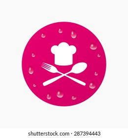 Water drops on button. Chef hat sign icon. Cooking symbol. Cooks hat with fork and spoon. Realistic pure raindrops. Pink circle. Vector