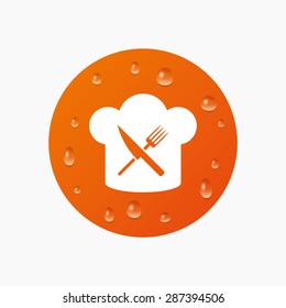 Water drops on button. Chef hat sign icon. Cooking symbol. Cooks hat with fork and knife. Realistic pure raindrops. Orange circle. Vector