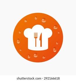 Water drops on button. Chef hat sign icon. Cooking symbol. Cooks hat with fork and knife. Realistic pure raindrops. Orange circle. Vector