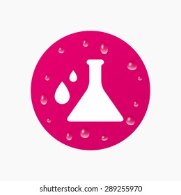 Water drops on button. Chemistry sign icon. Bulb symbol with drops. Lab icon. Realistic pure raindrops. Pink circle. Vector