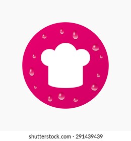 Water drops on button. Chief hat sign icon. Cooking symbol. Cooks hat. Realistic pure raindrops. Pink circle. Vector