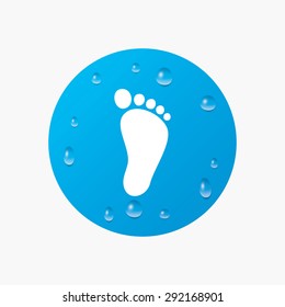 Water drops on button. Child footprint sign icon. Toddler barefoot symbol. Realistic pure raindrops. Blue circle. Vector