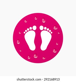 Water drops on button. Child pair of footprint sign icon. Toddler barefoot symbol. Realistic pure raindrops. Pink circle. Vector