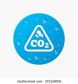 Water drops on button. CO2 carbon dioxide formula sign icon. Chemistry symbol. Realistic pure raindrops. Blue circle. Vector