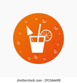 Water drops on button. Cocktail sign. Alcoholic drink symbol. Realistic pure raindrops. Orange circle. Vector